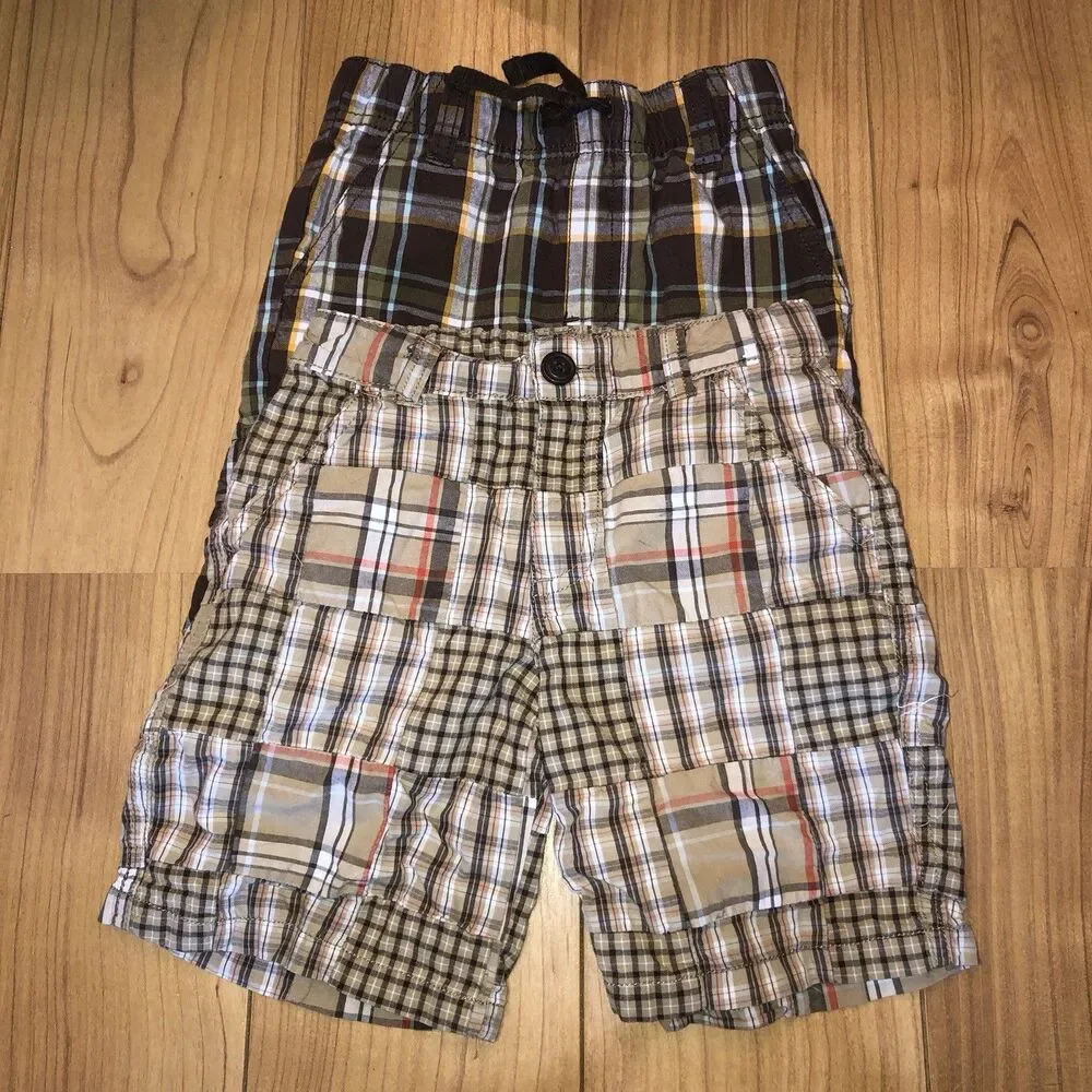 2 Pairs Gymboree Boys Size 5 Shorts 1 - Brown Beige Madras / 2 - Brown Plaid